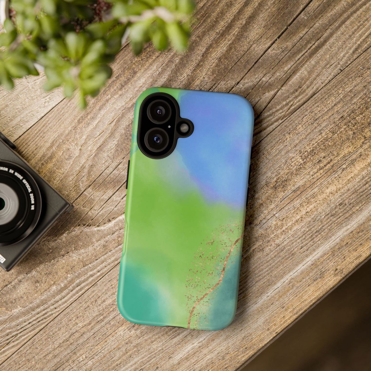 Artistic Tough Phone Case – Vibrant Green and Blue Abstract Design