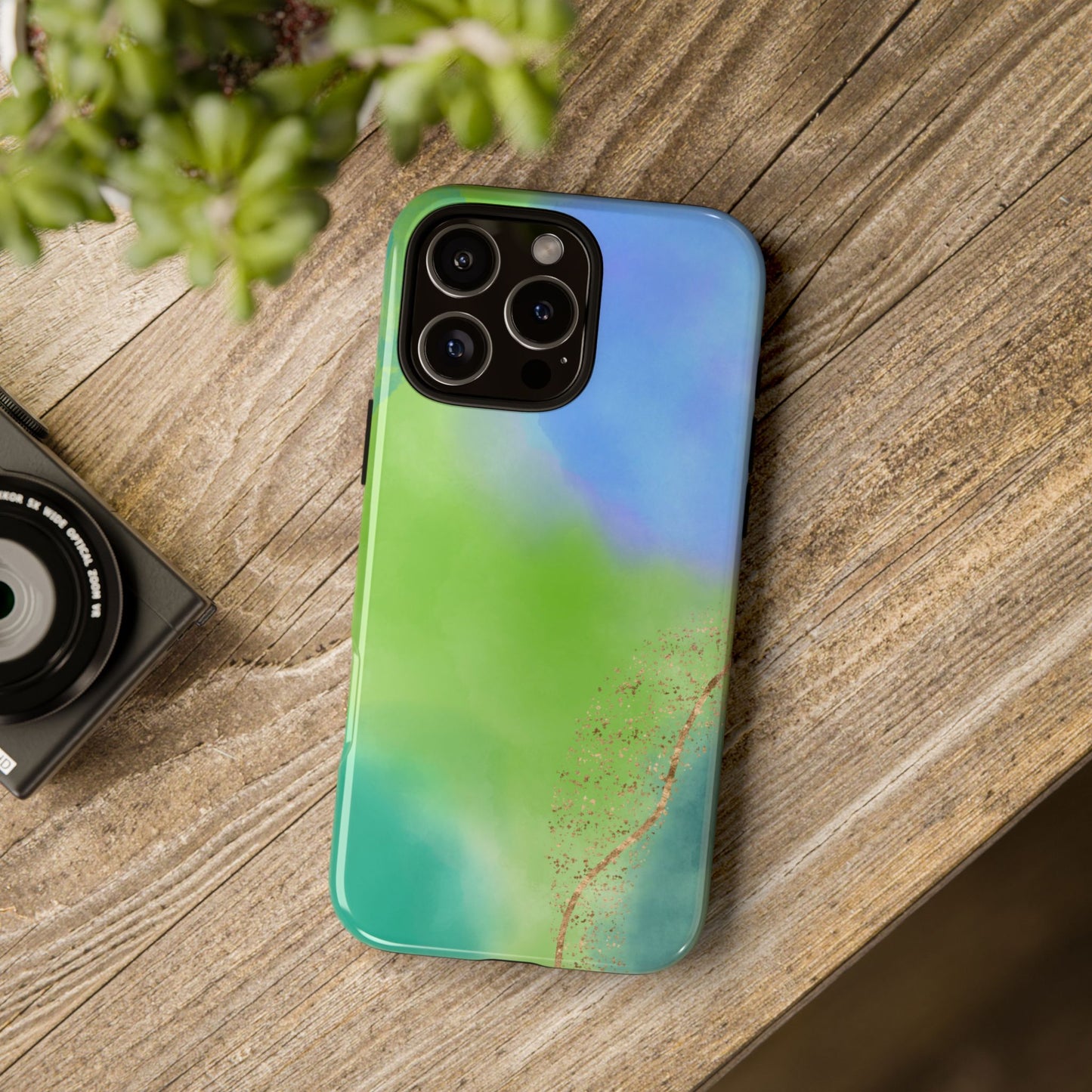 Artistic Tough Phone Case – Vibrant Green and Blue Abstract Design