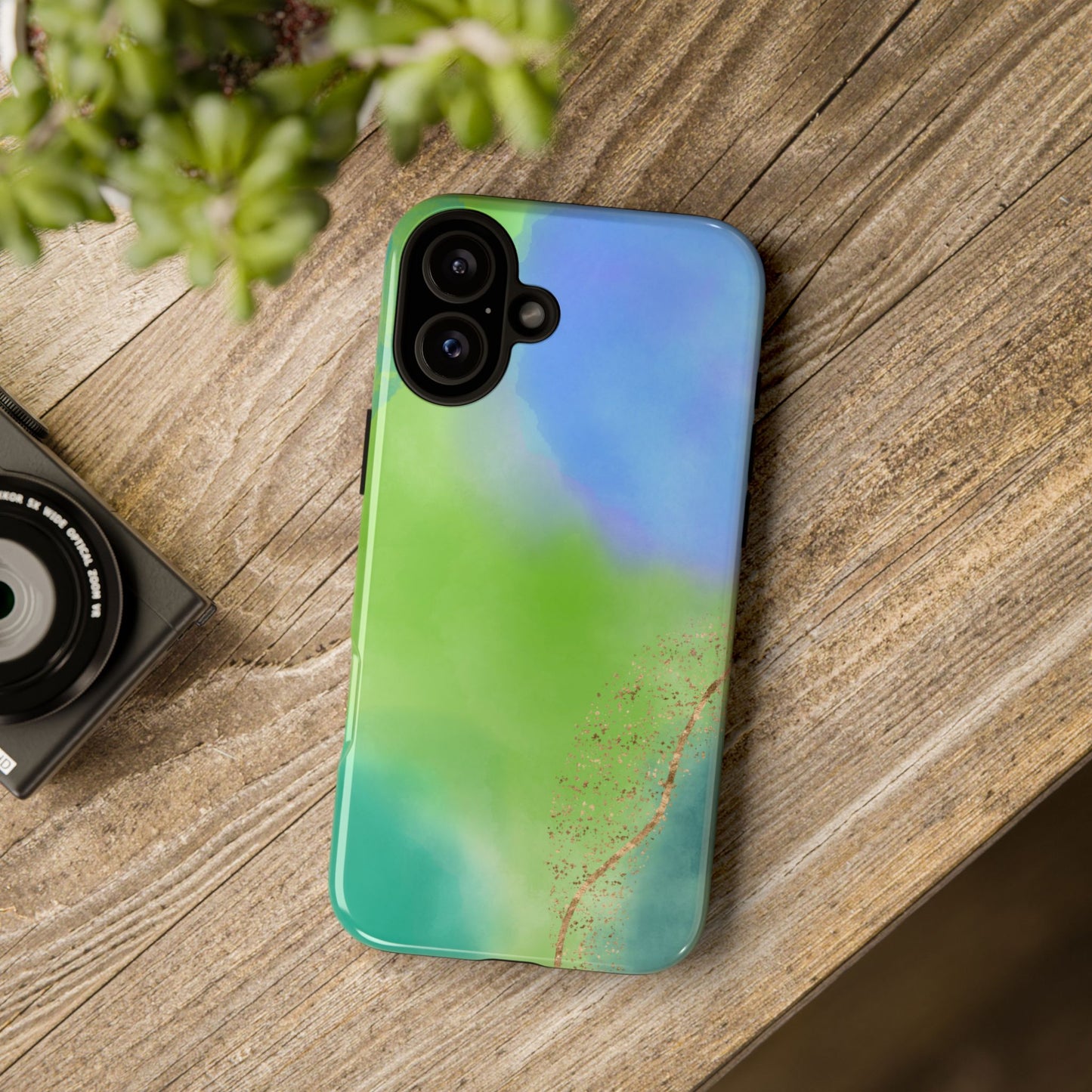 Artistic Tough Phone Case – Vibrant Green and Blue Abstract Design