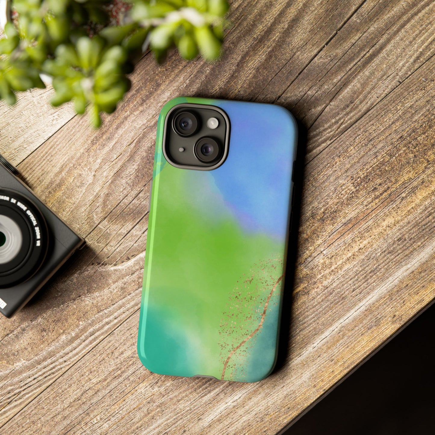Artistic Tough Phone Case – Vibrant Green and Blue Abstract Design