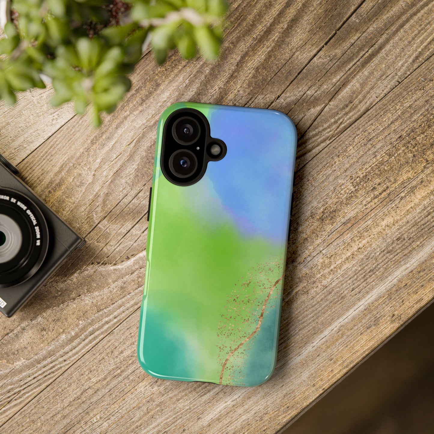 Artistic Tough Phone Case – Vibrant Green and Blue Abstract Design