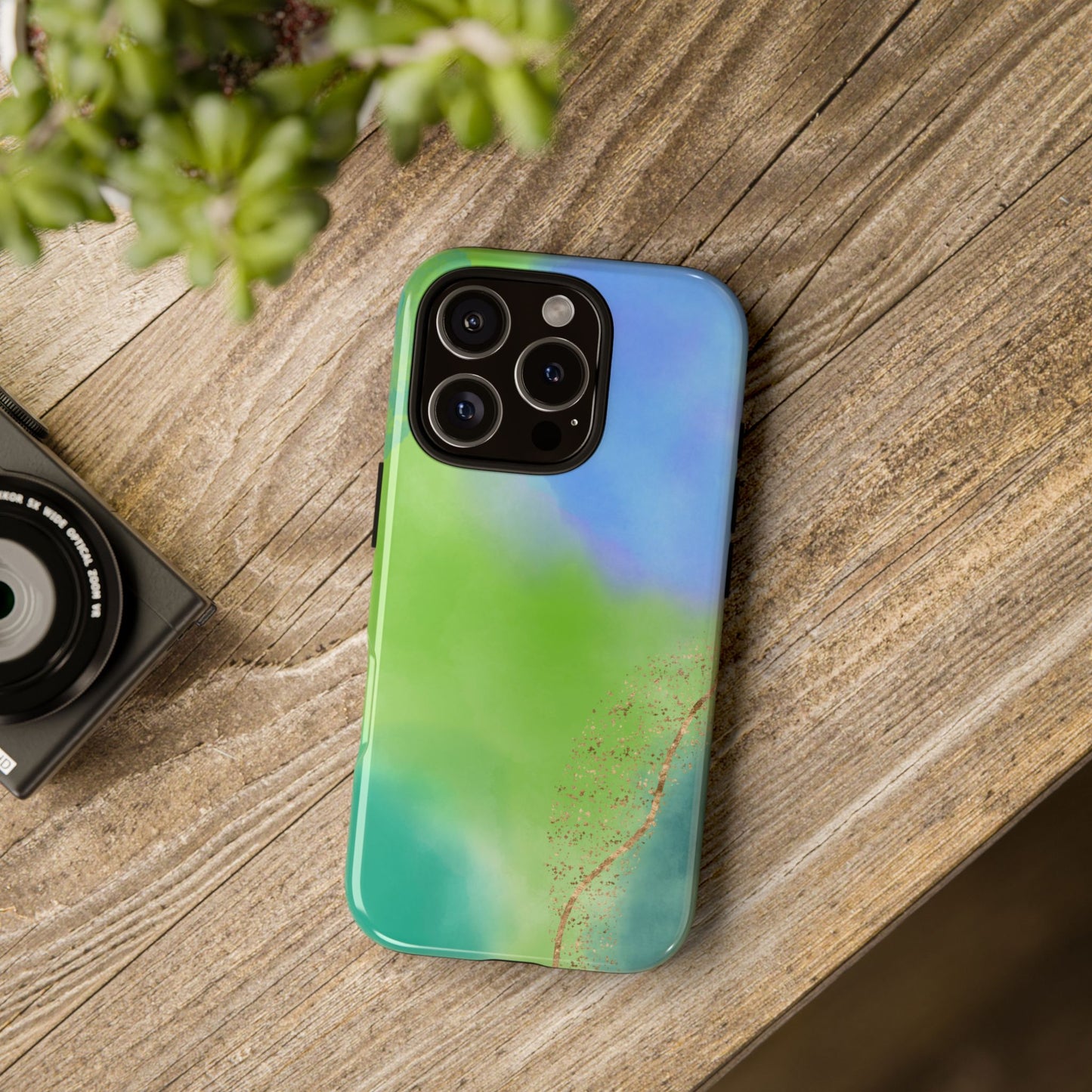 Artistic Tough Phone Case – Vibrant Green and Blue Abstract Design