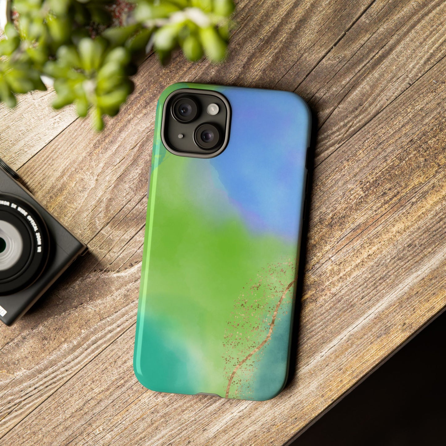 Artistic Tough Phone Case – Vibrant Green and Blue Abstract Design