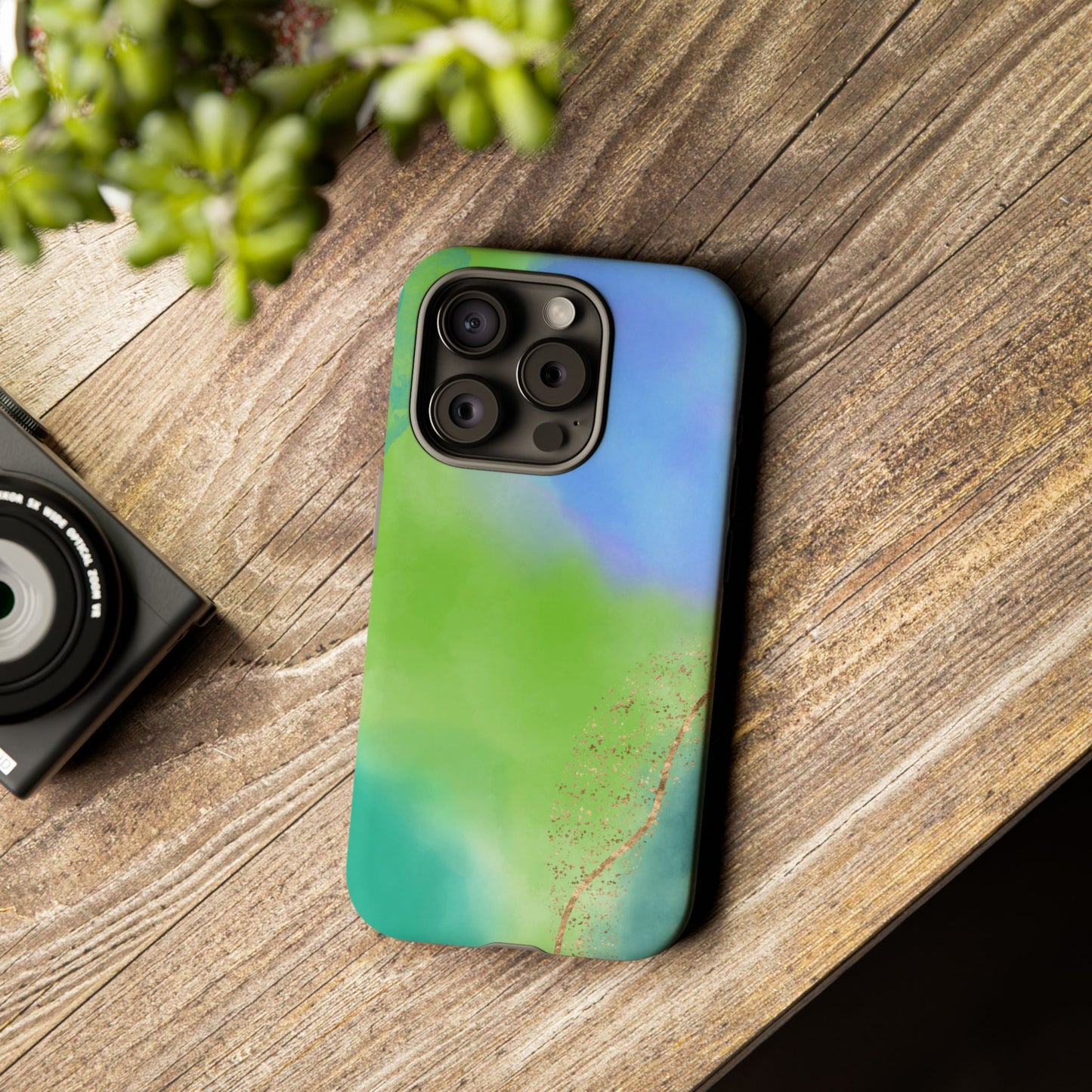 Artistic Tough Phone Case – Vibrant Green and Blue Abstract Design