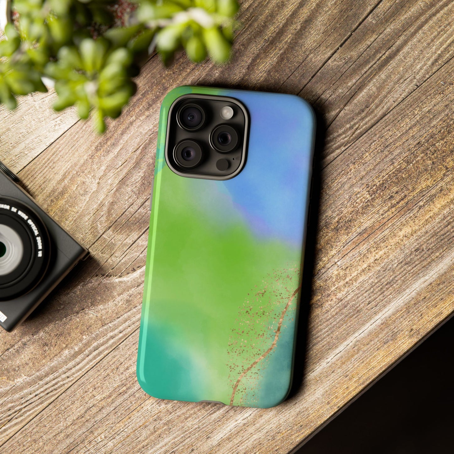 Artistic Tough Phone Case – Vibrant Green and Blue Abstract Design