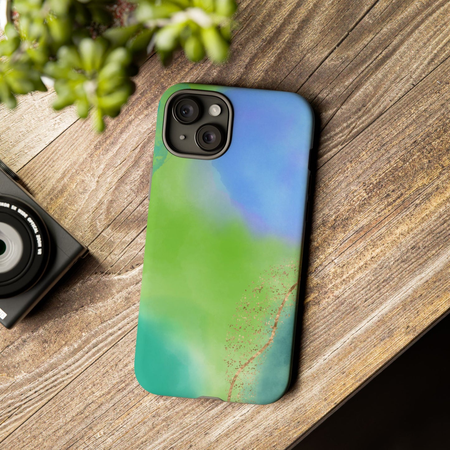 Artistic Tough Phone Case – Vibrant Green and Blue Abstract Design
