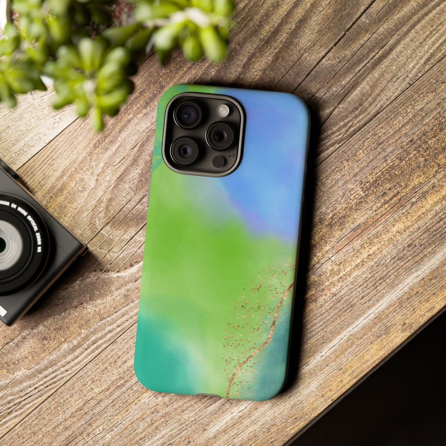 Artistic Tough Phone Case – Vibrant Green and Blue Abstract Design