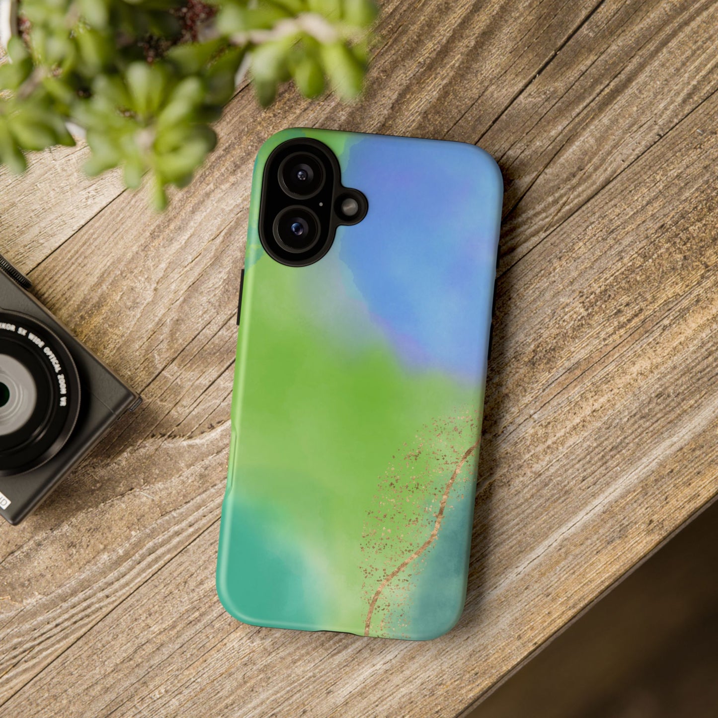 Artistic Tough Phone Case – Vibrant Green and Blue Abstract Design