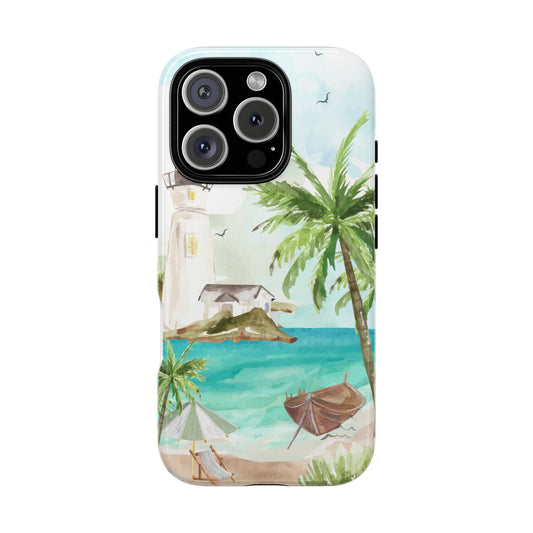 Tropical Beach Phone Case - Lighthouse & Palm Trees Design