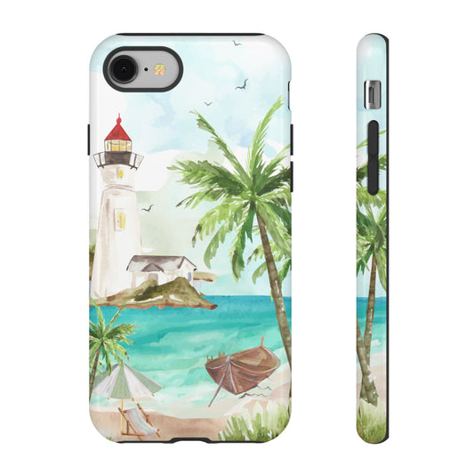 Tropical Beach Phone Case - Lighthouse & Palm Trees Design