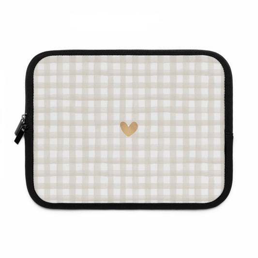 Stylish Heart Laptop Sleeve - Beige Gingham Design